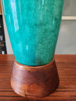 Mid Century Modern Green Teal Pottery & Teak Table Lamp 42.5