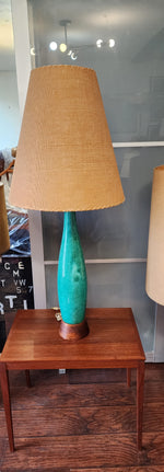Mid Century Modern Green Teal Pottery & Teak Table Lamp 42.5