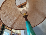Mid Century Modern Green Teal Pottery & Teak Table Lamp 42.5