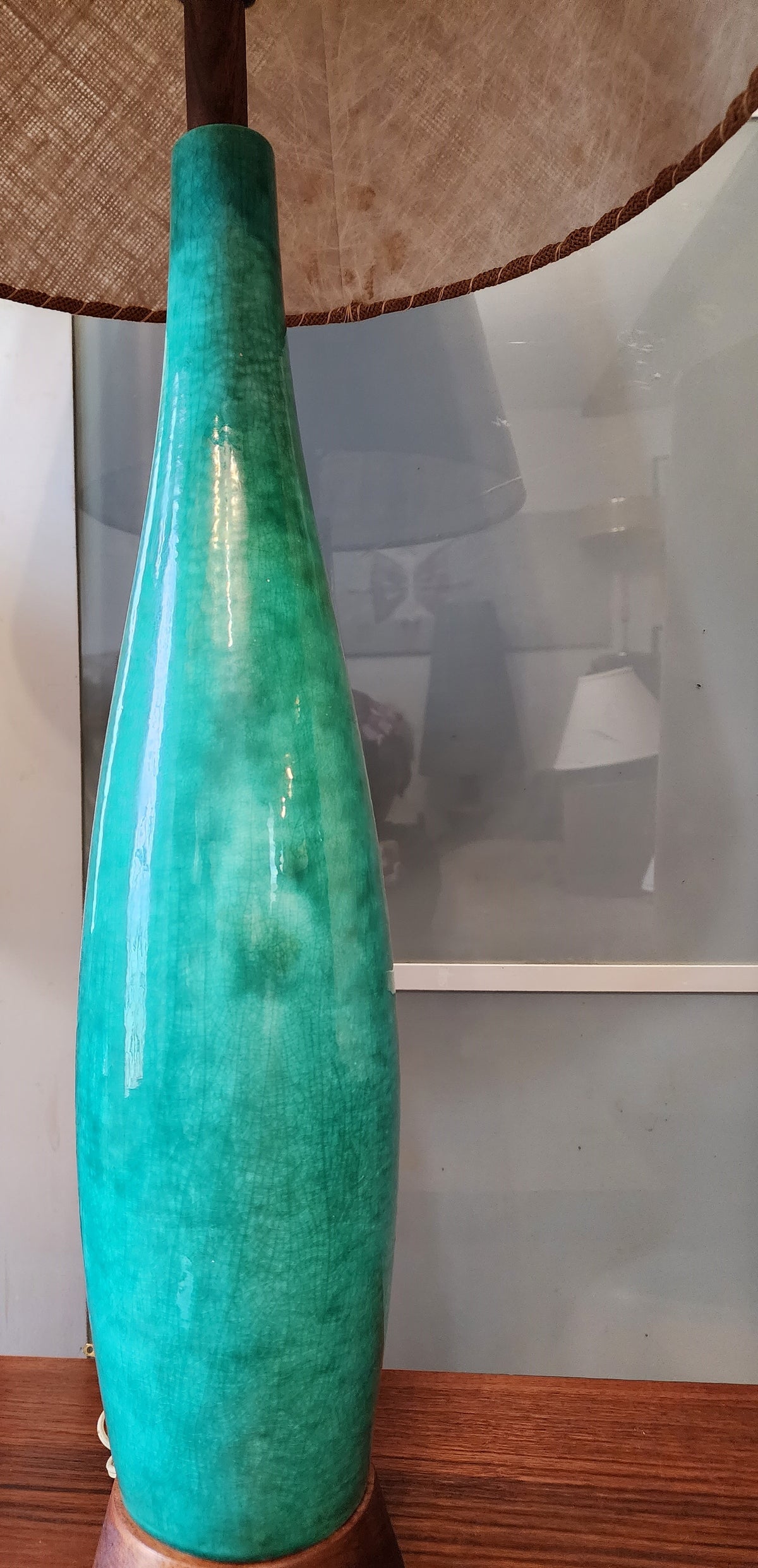 Mid Century Modern Green Teal Pottery & Teak Table Lamp 42.5