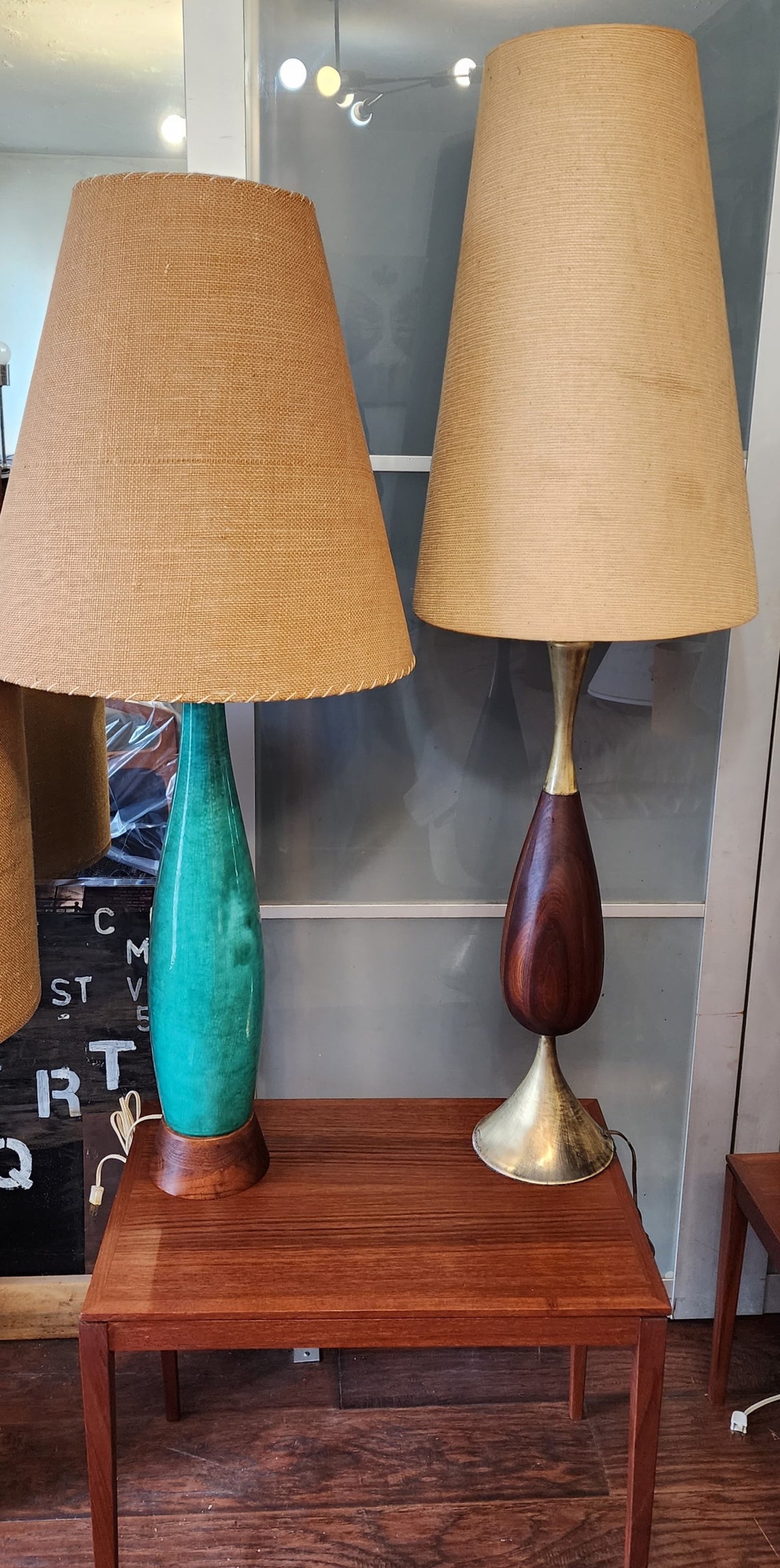 Mid Century Modern Green Teal Pottery & Teak Table Lamp 42.5