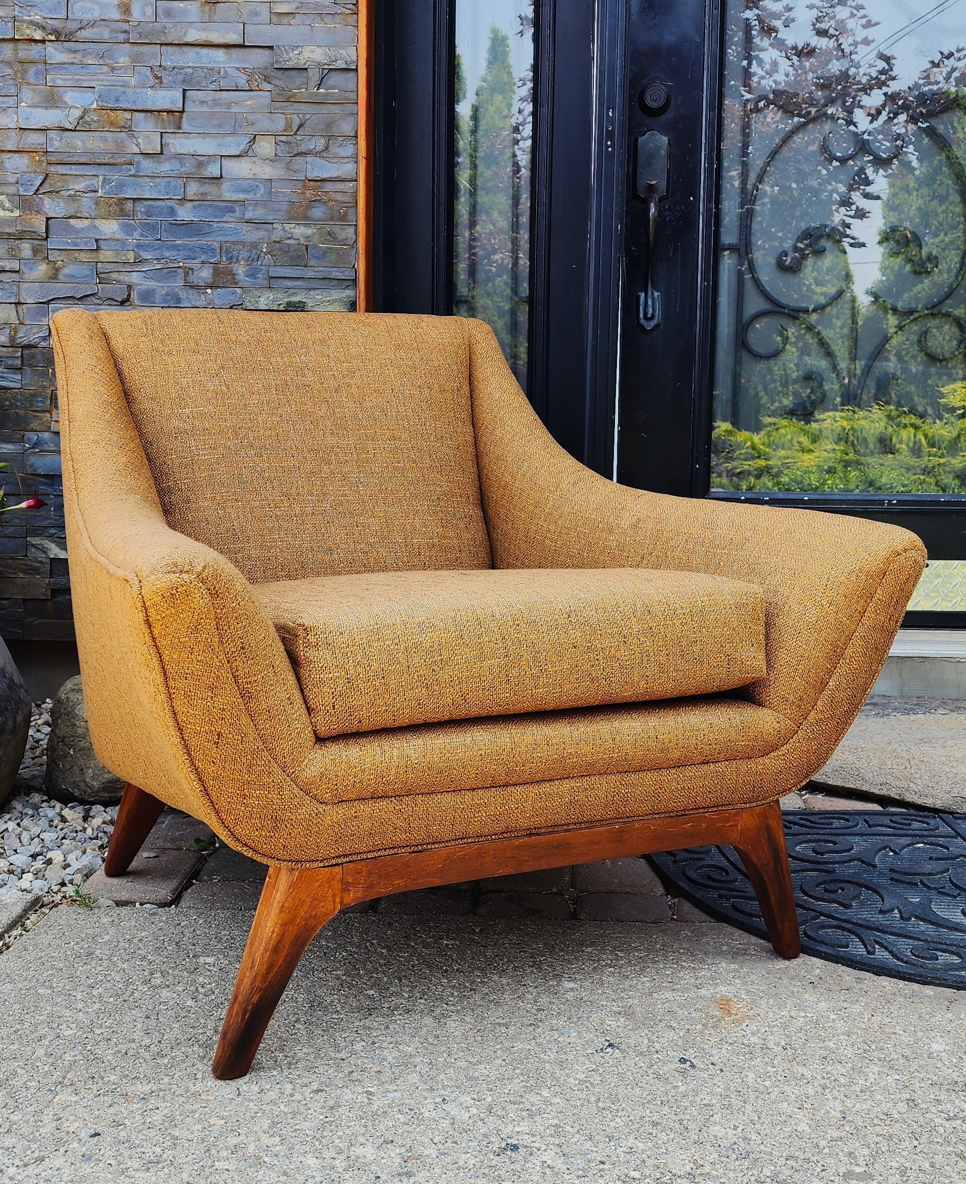 2 REFINISHED REUPHOLSTERED Mid Century Modern Armchairs & Ottoman