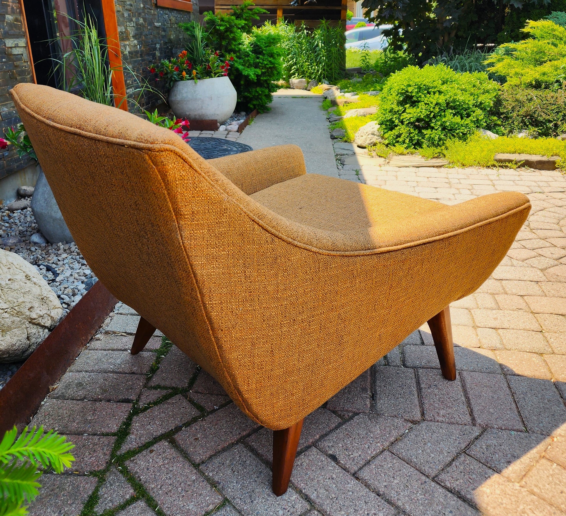 2 REFINISHED REUPHOLSTERED Mid Century Modern Armchairs & Ottoman