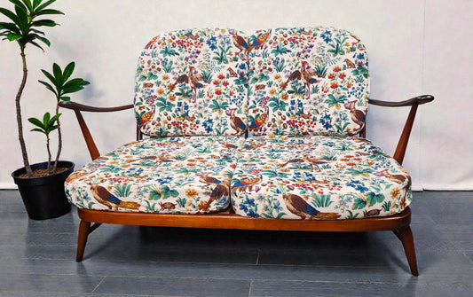 RESTORED Mid Century Modern Elm Loveseat by Ercol, fleur-de-lis