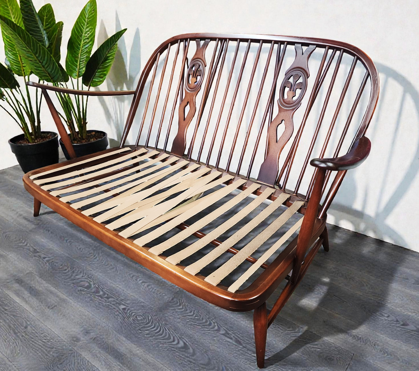 RESTORED Mid Century Modern Elm Loveseat by Ercol, fleur-de-lis