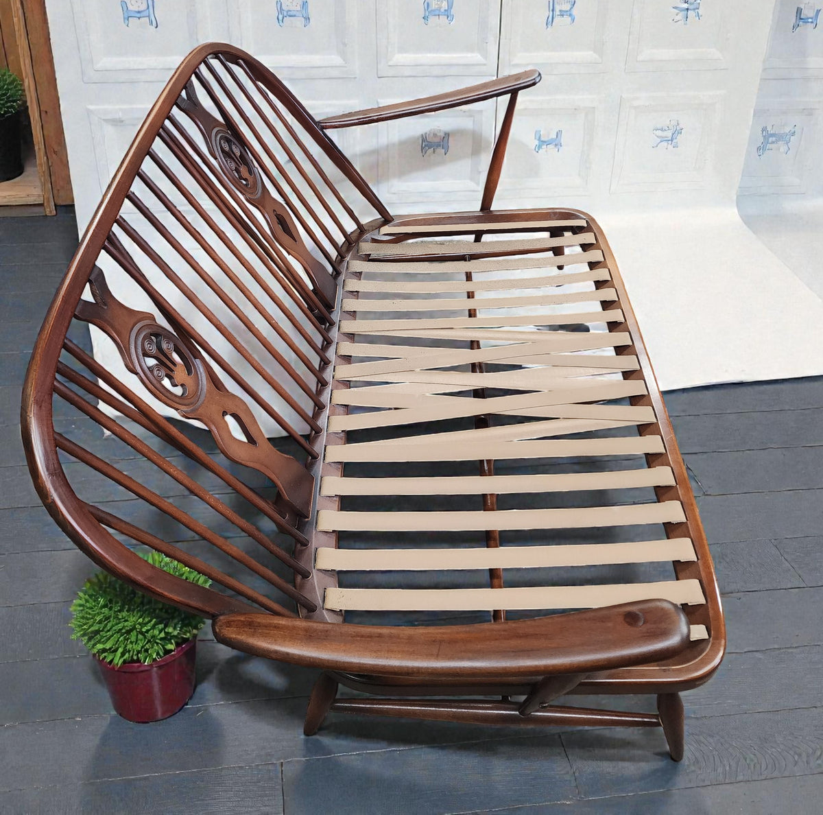 RESTORED Mid Century Modern Elm Loveseat by Ercol, fleur-de-lis