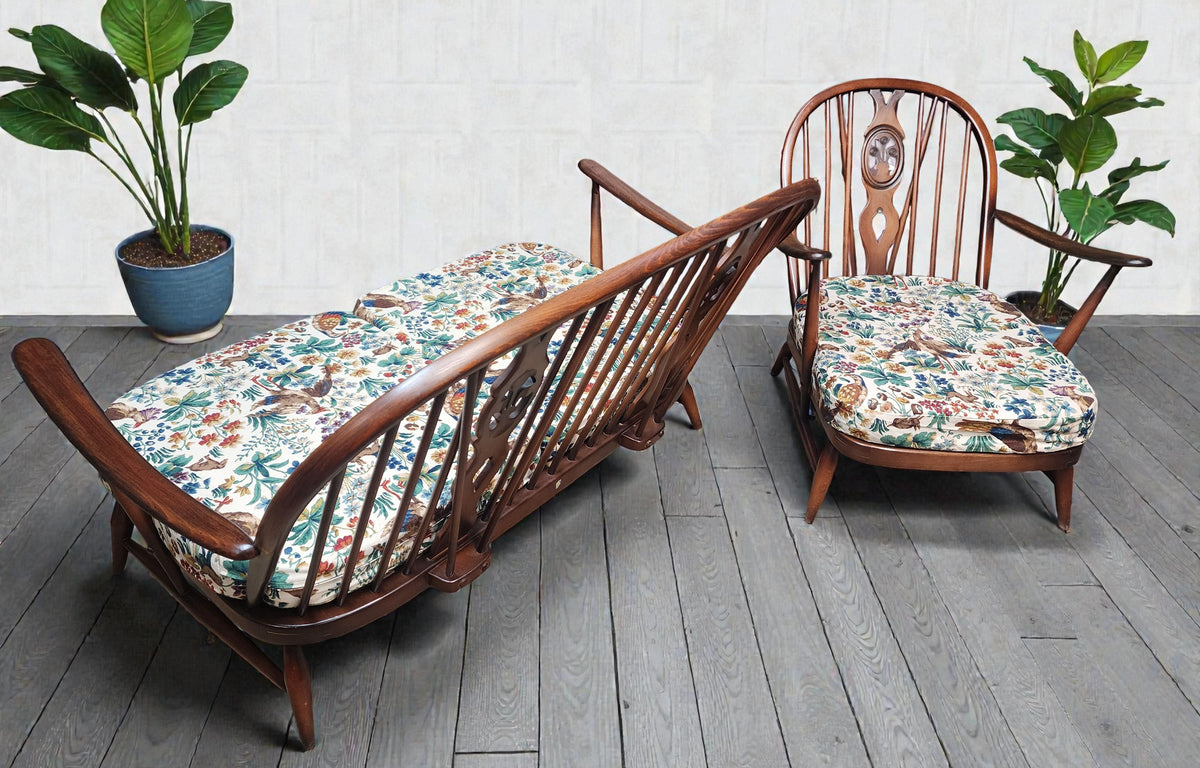 RESTORED Mid Century Modern Elm Loveseat by Ercol, fleur-de-lis