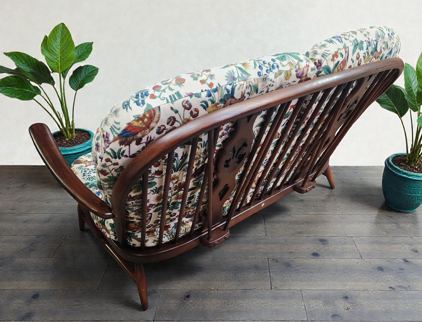 RESTORED Mid Century Modern Elm Loveseat by Ercol, fleur-de-lis