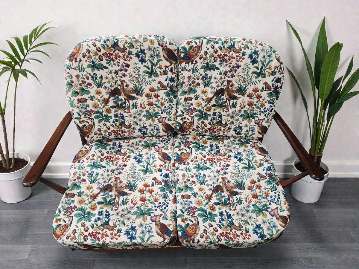 RESTORED Mid Century Modern Elm Loveseat by Ercol, fleur-de-lis