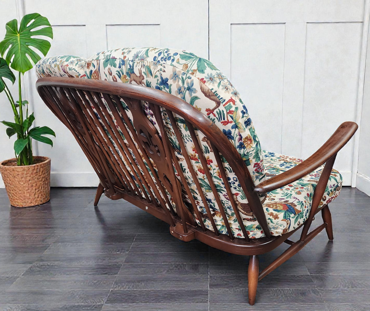 RESTORED Mid Century Modern Elm Loveseat by Ercol, fleur-de-lis