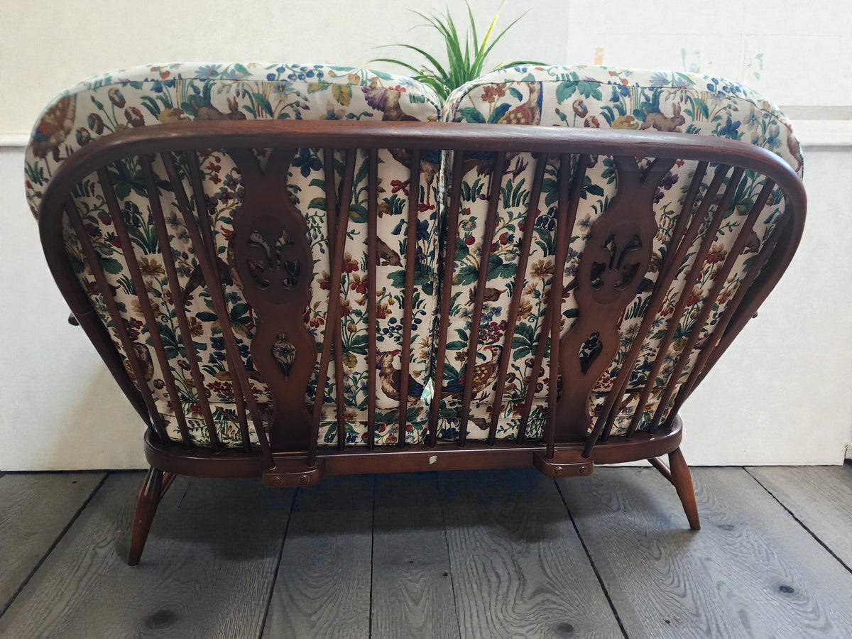 RESTORED Mid Century Modern Elm Loveseat by Ercol, fleur-de-lis