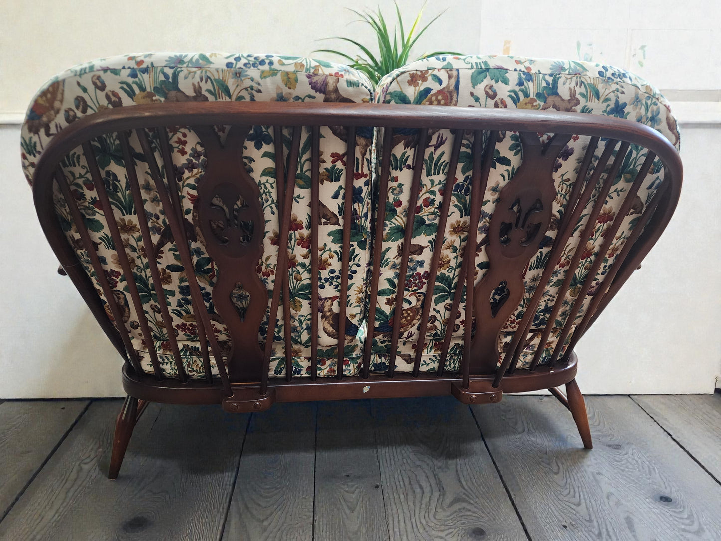 RESTORED Mid Century Modern Elm Loveseat by Ercol, fleur-de-lis