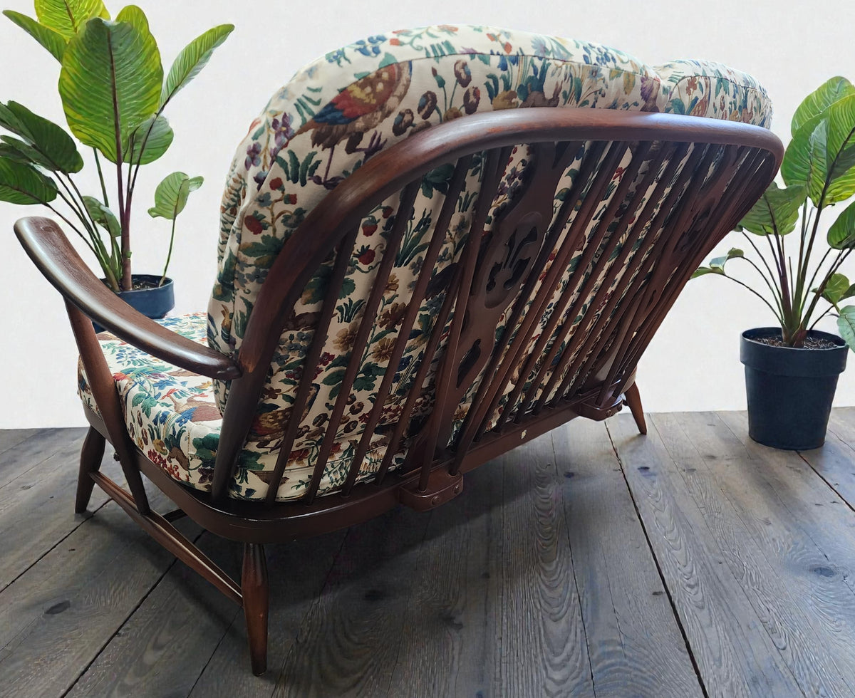 RESTORED Mid Century Modern Elm Loveseat by Ercol, fleur-de-lis