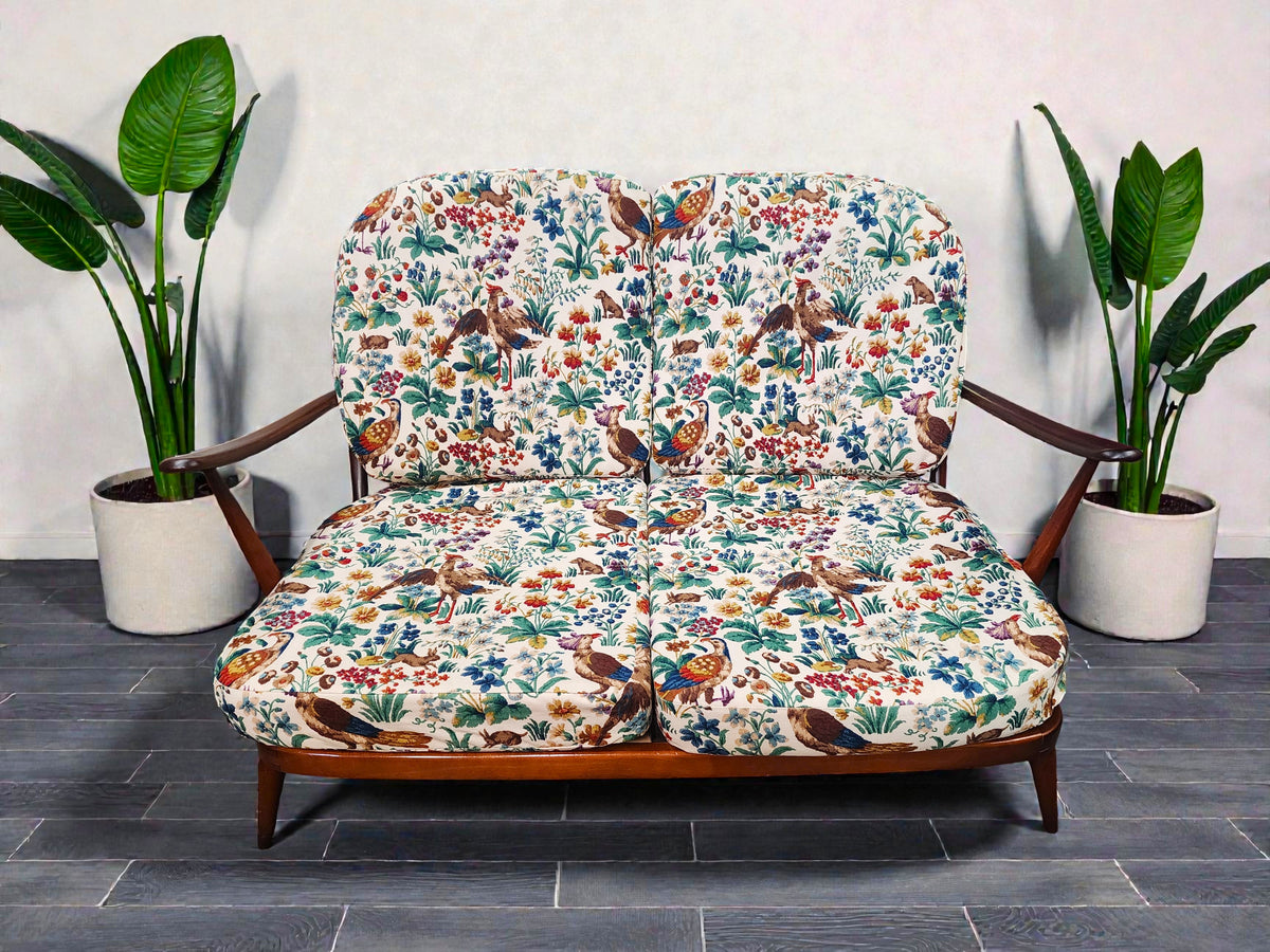 RESTORED Mid Century Modern Elm Loveseat by Ercol, fleur-de-lis
