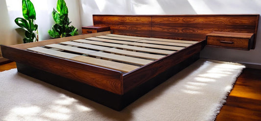 REFINISHED Mid Century Modern Rosewood Bed KING w Floating Nightstands