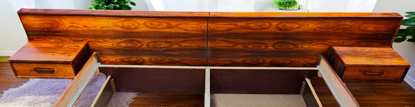 REFINISHED Mid Century Modern Rosewood Bed KING w Floating Nightstands