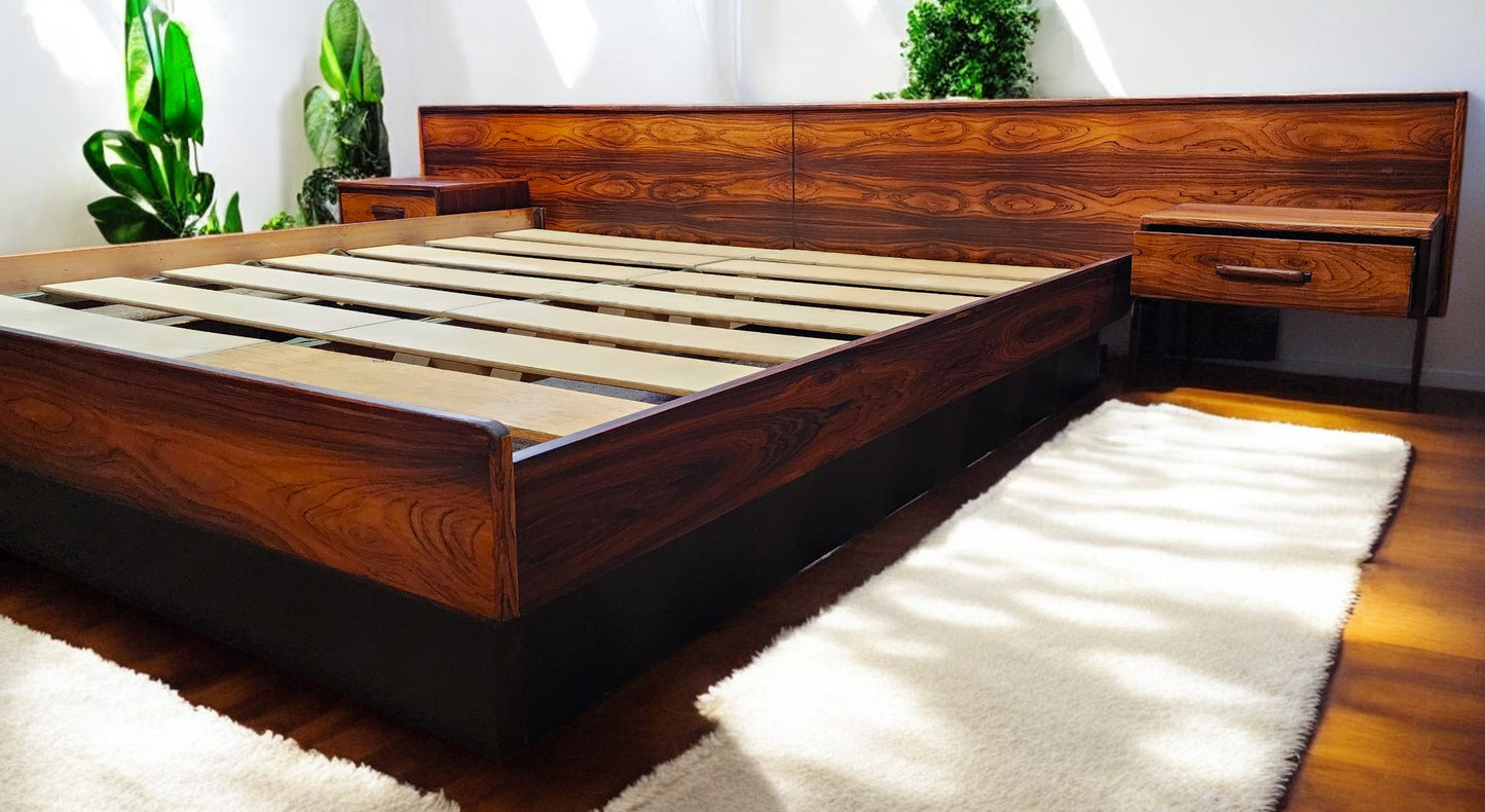 REFINISHED Mid Century Modern Rosewood Bed KING w Floating Nightstands