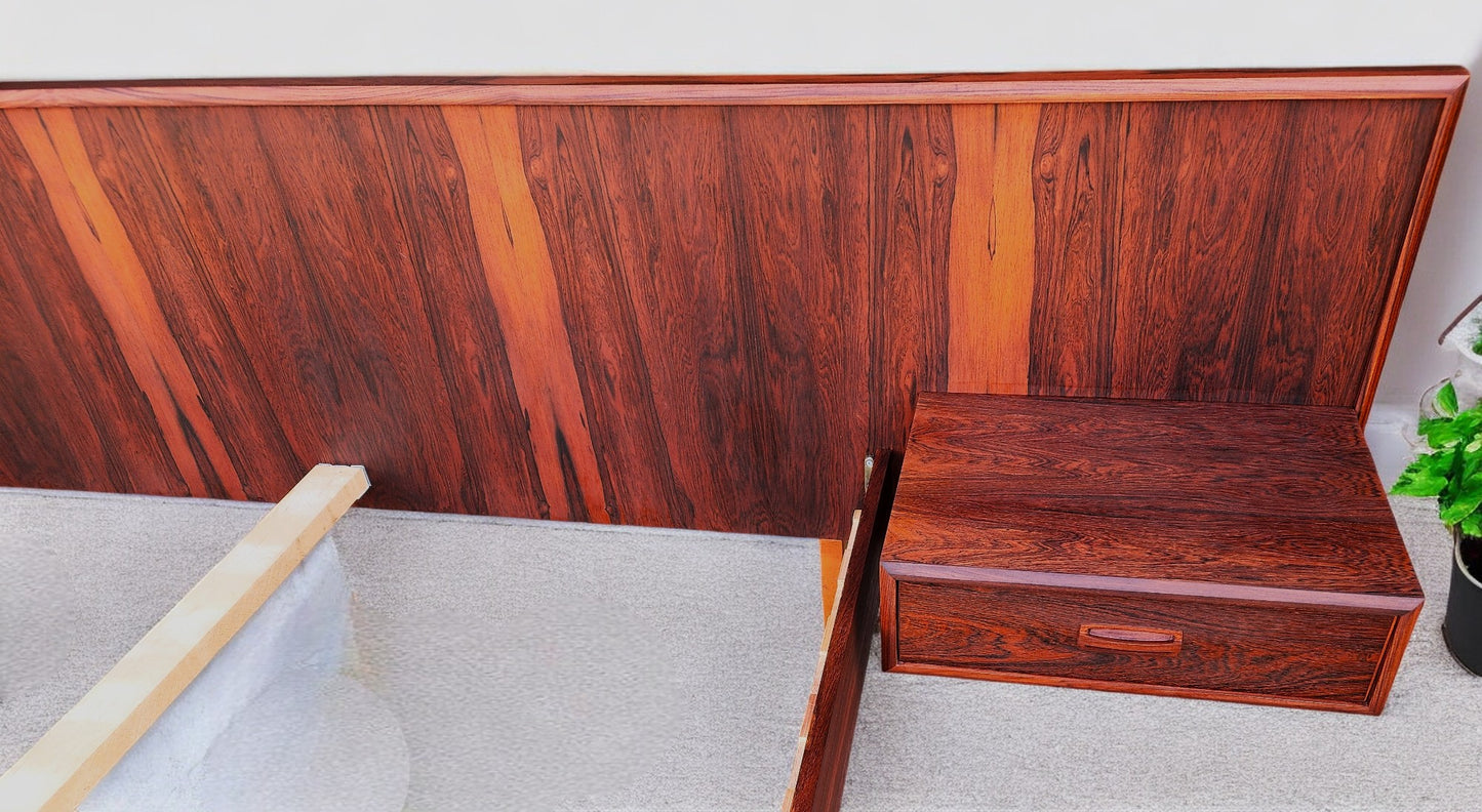 REFINISHED Mid Century Modern Rosewood Queen Bed w Floating Nightstands