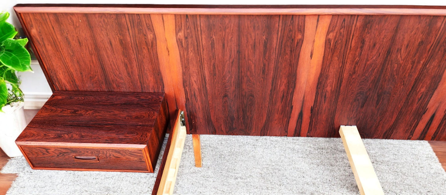 REFINISHED Mid Century Modern Rosewood Queen Bed w Floating Nightstands