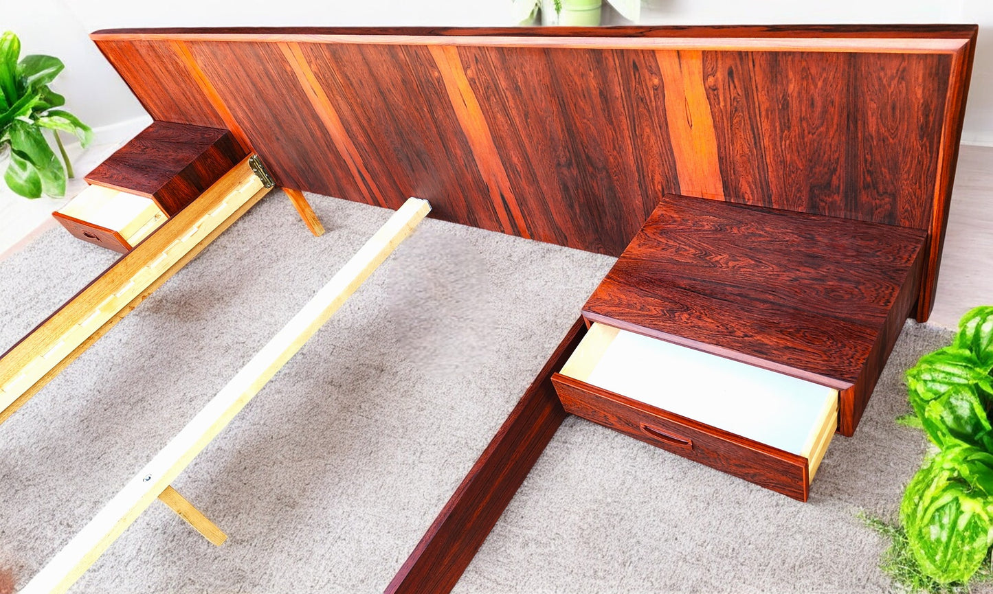 REFINISHED Mid Century Modern Rosewood Queen Bed w Floating Nightstands