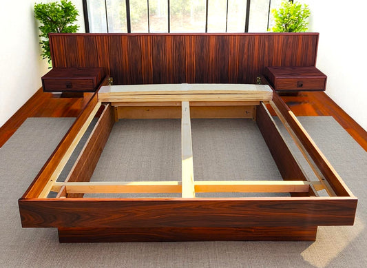 REFINISHED Mid Century Modern Rosewood Queen Bed w Floating Nightstands