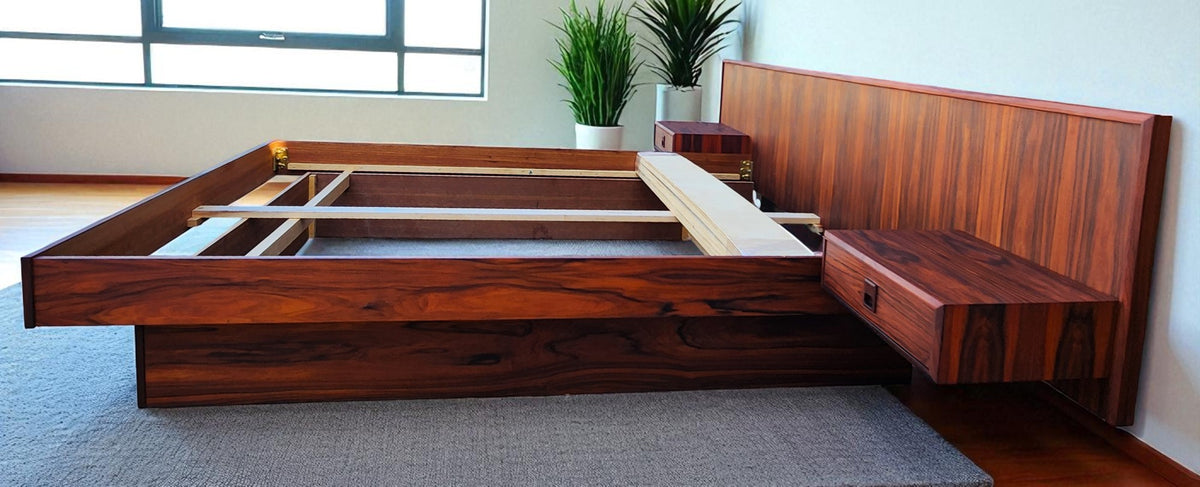 REFINISHED Mid Century Modern Rosewood Queen Bed w Floating Nightstands