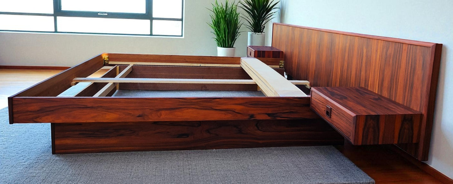 REFINISHED Mid Century Modern Rosewood Queen Bed w Floating Nightstands