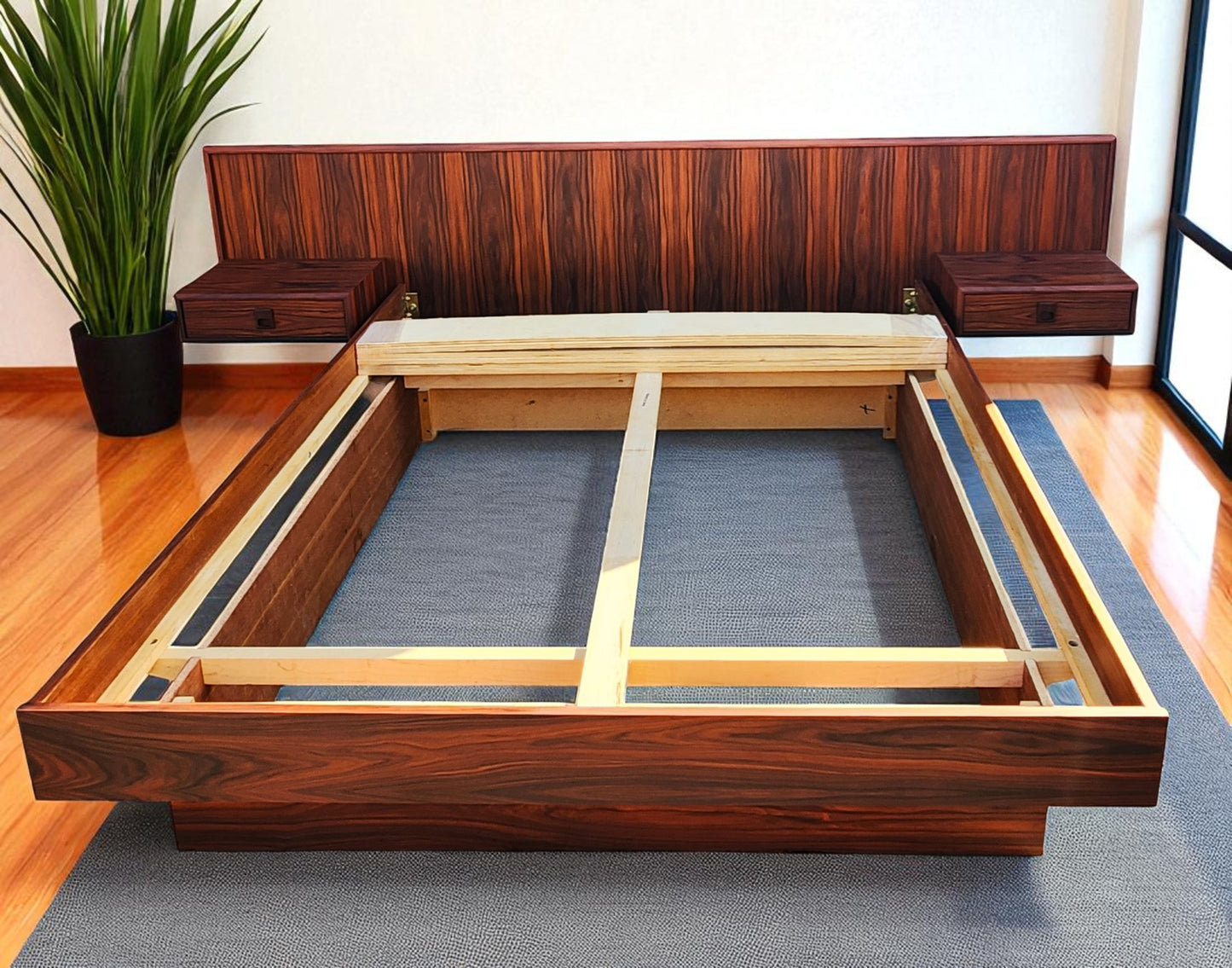 REFINISHED Mid Century Modern Rosewood Queen Bed w Floating Nightstands