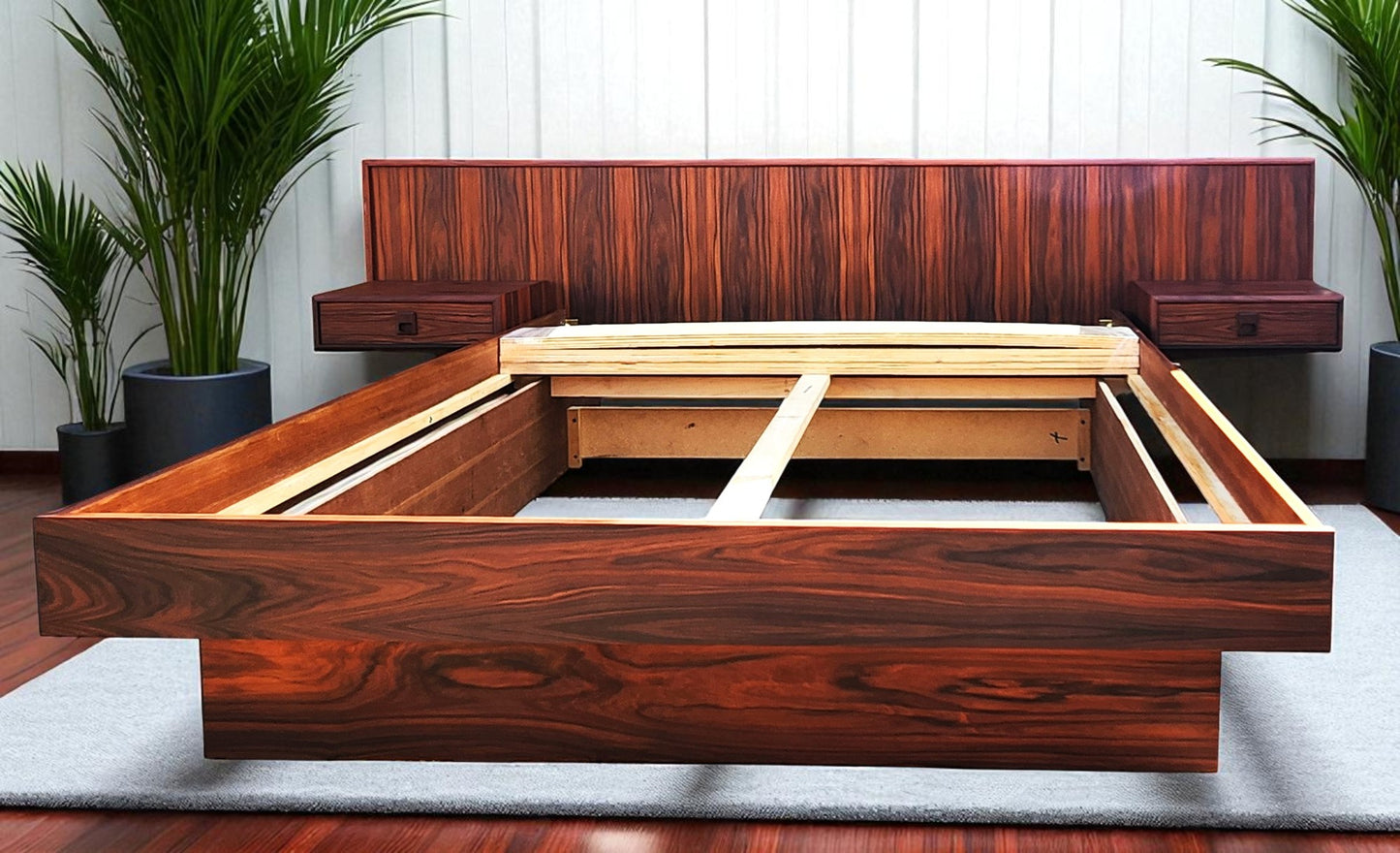 REFINISHED Mid Century Modern Rosewood Queen Bed w Floating Nightstands
