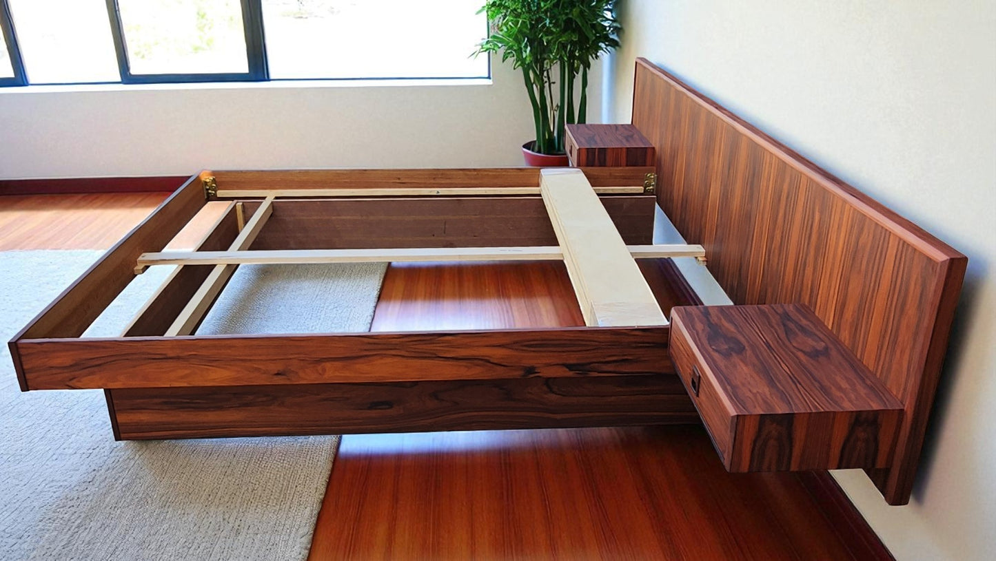 REFINISHED Mid Century Modern Rosewood Queen Bed w Floating Nightstands