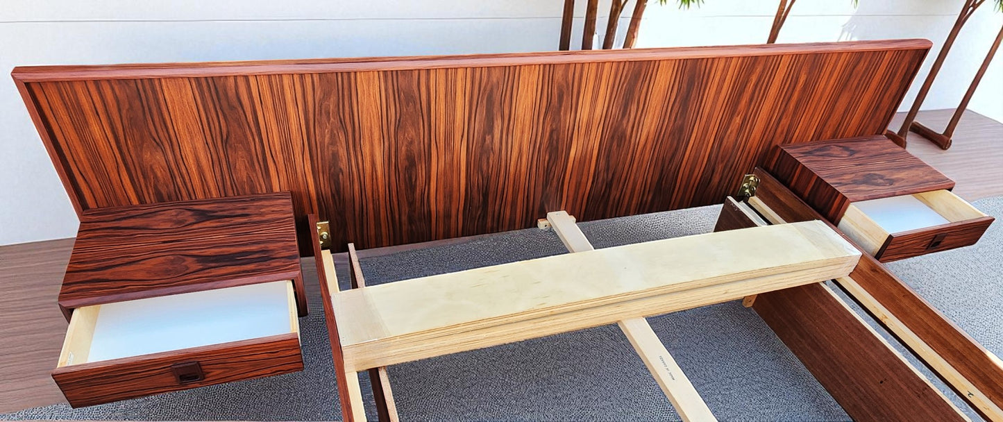 REFINISHED Mid Century Modern Rosewood Queen Bed w Floating Nightstands