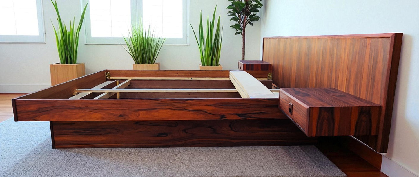 REFINISHED Mid Century Modern Rosewood Queen Bed w Floating Nightstands