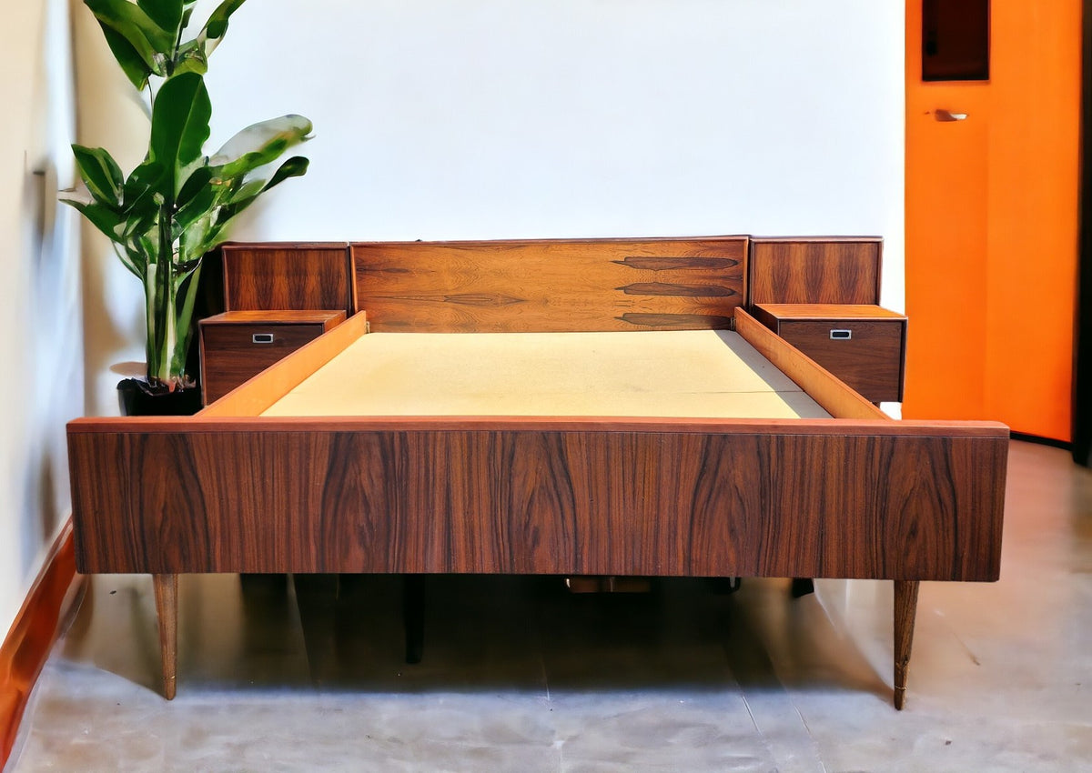REFINISHED Mid Century Modern Rosewood Bed w Nightstands Queen
