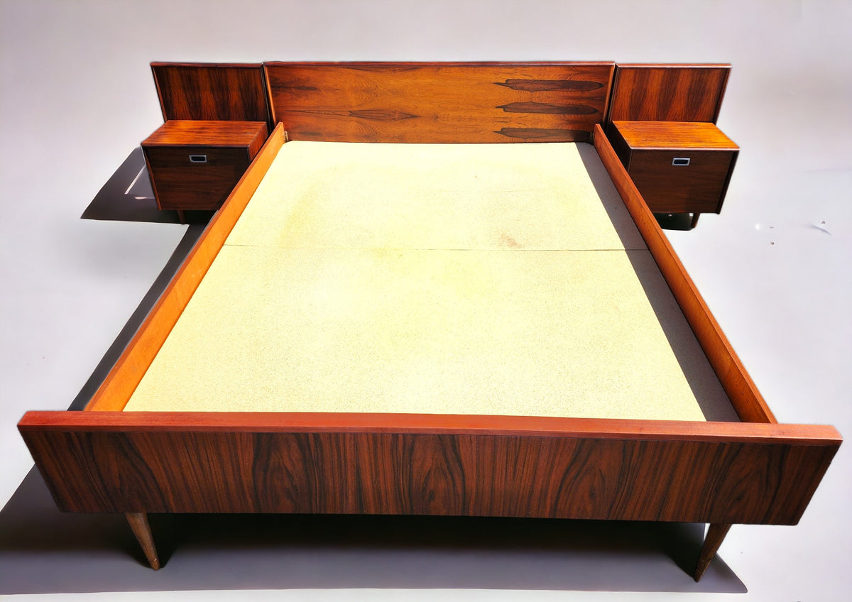 REFINISHED Mid Century Modern Rosewood Bed w Nightstands Queen