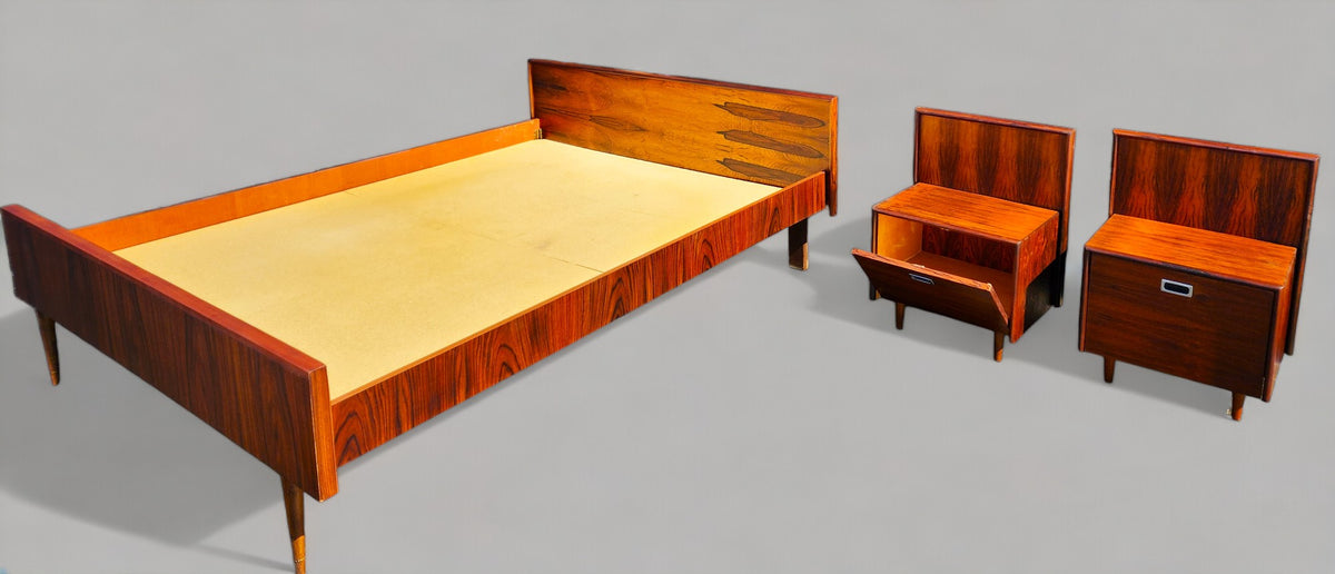 REFINISHED Mid Century Modern Rosewood Bed w Nightstands Queen