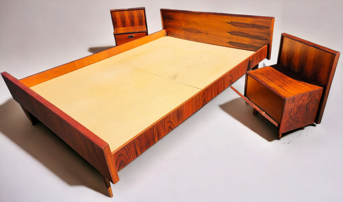 REFINISHED Mid Century Modern Rosewood Bed w Nightstands Queen