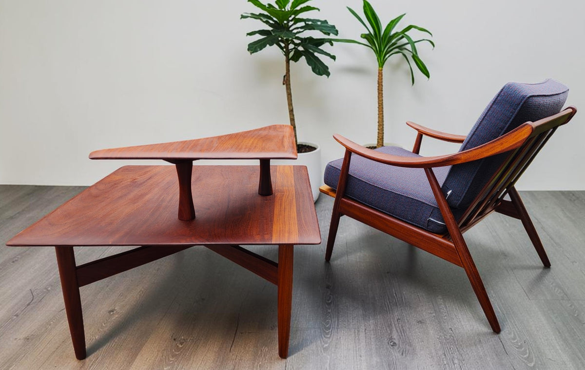 REFINISHED Mid Century Modern Solid Afromosia Corner Two-Tier Table by Imperial