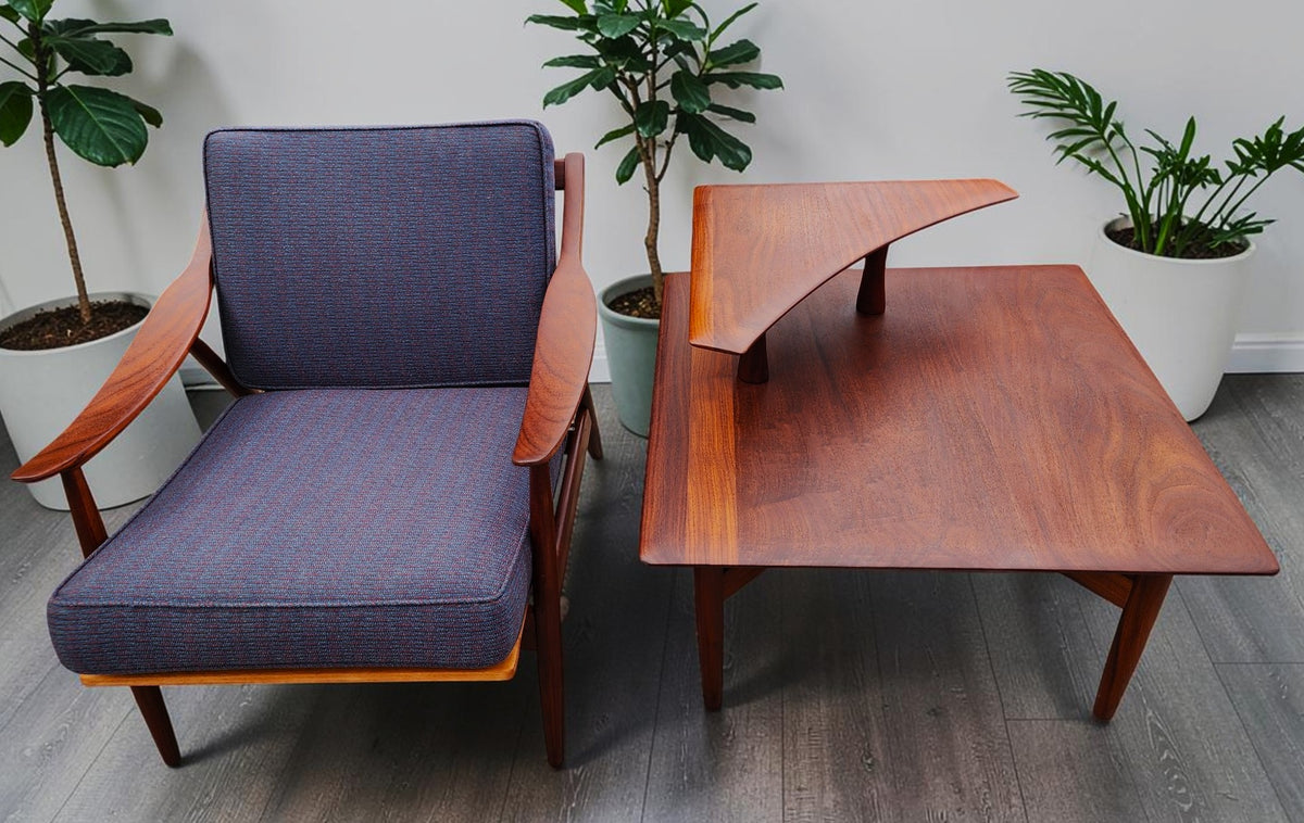 REFINISHED Mid Century Modern Solid Afromosia Corner Two-Tier Table by Imperial