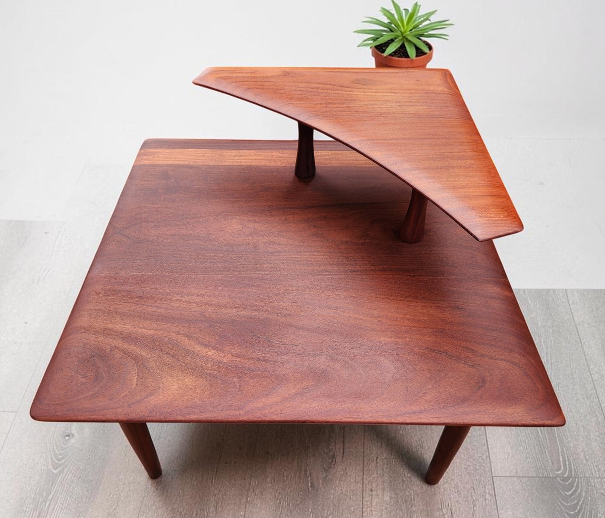 REFINISHED Mid Century Modern Solid Afromosia Corner Two-Tier Table by Imperial