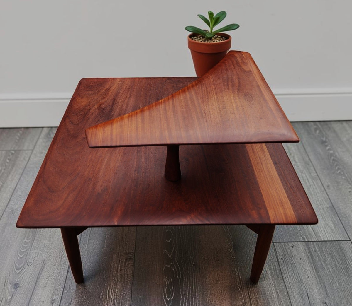 REFINISHED Mid Century Modern Solid Afromosia Corner Two-Tier Table by Imperial