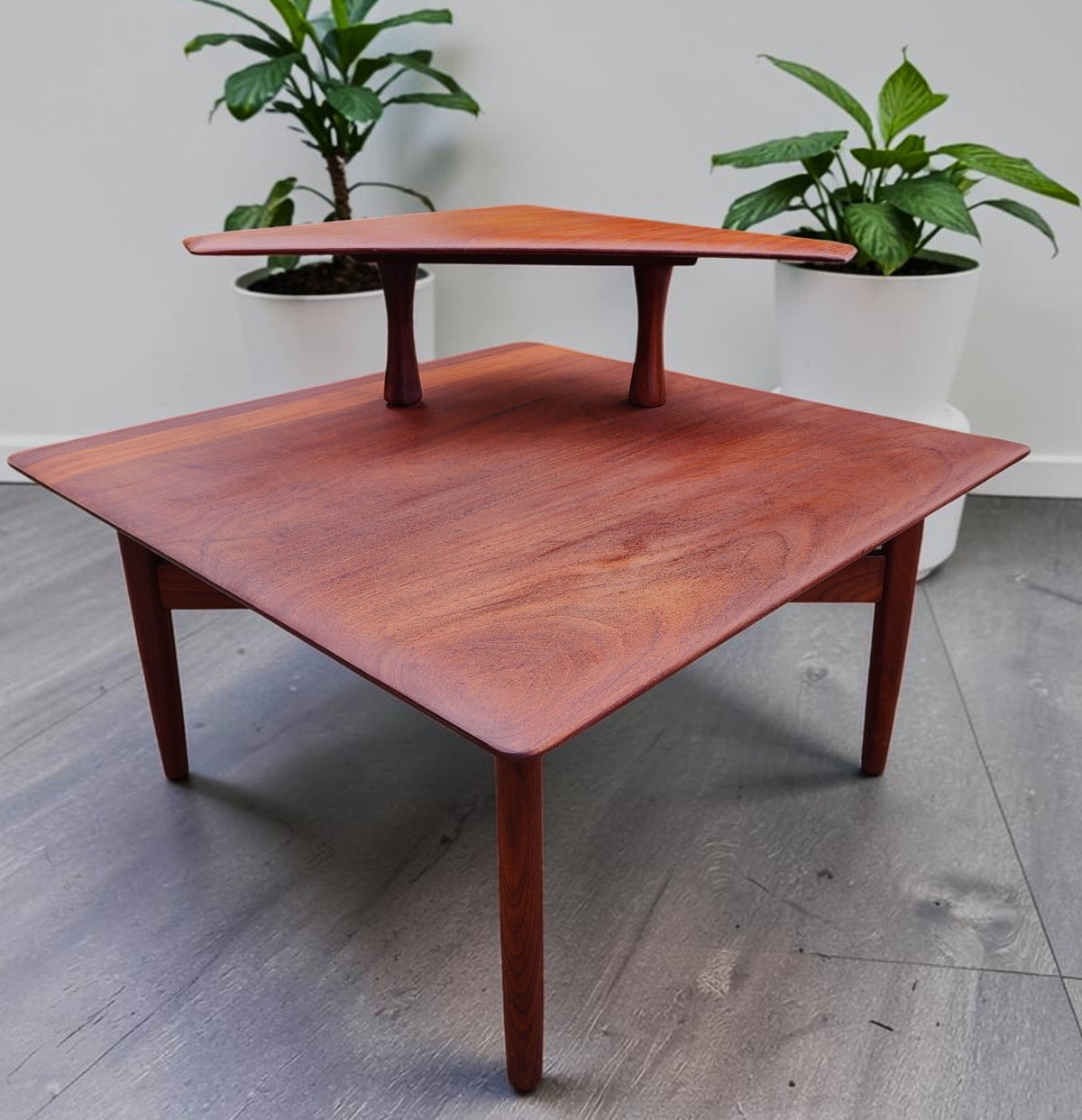 REFINISHED Mid Century Modern Solid Afromosia Corner Two-Tier Table by Imperial