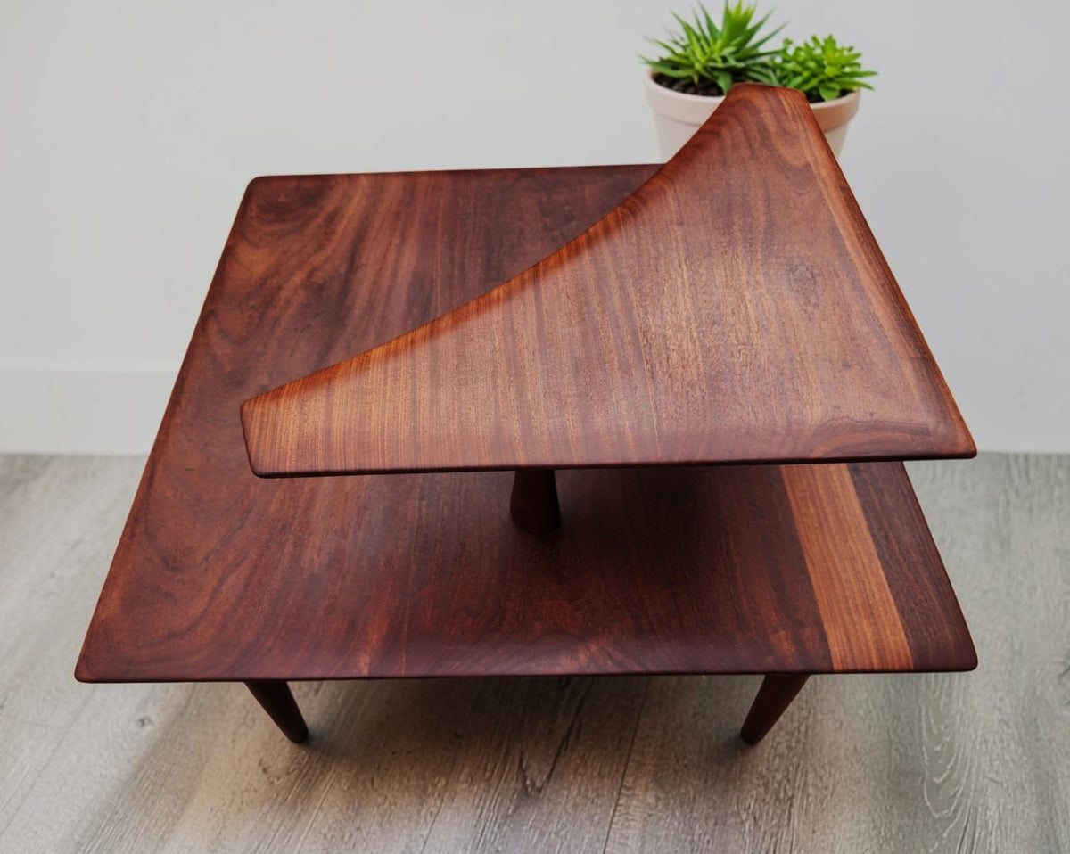 REFINISHED Mid Century Modern Solid Afromosia Corner Two-Tier Table by Imperial