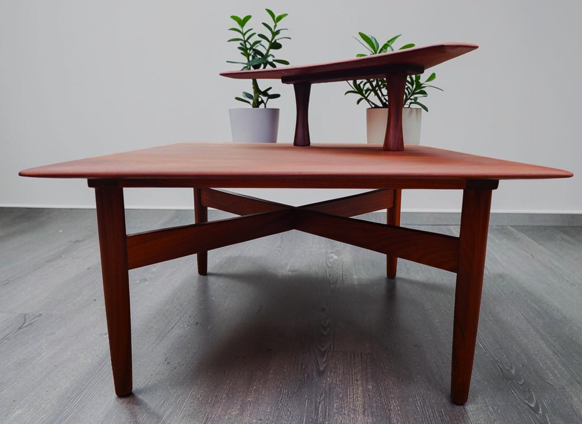 REFINISHED Mid Century Modern Solid Afromosia Corner Two-Tier Table by Imperial