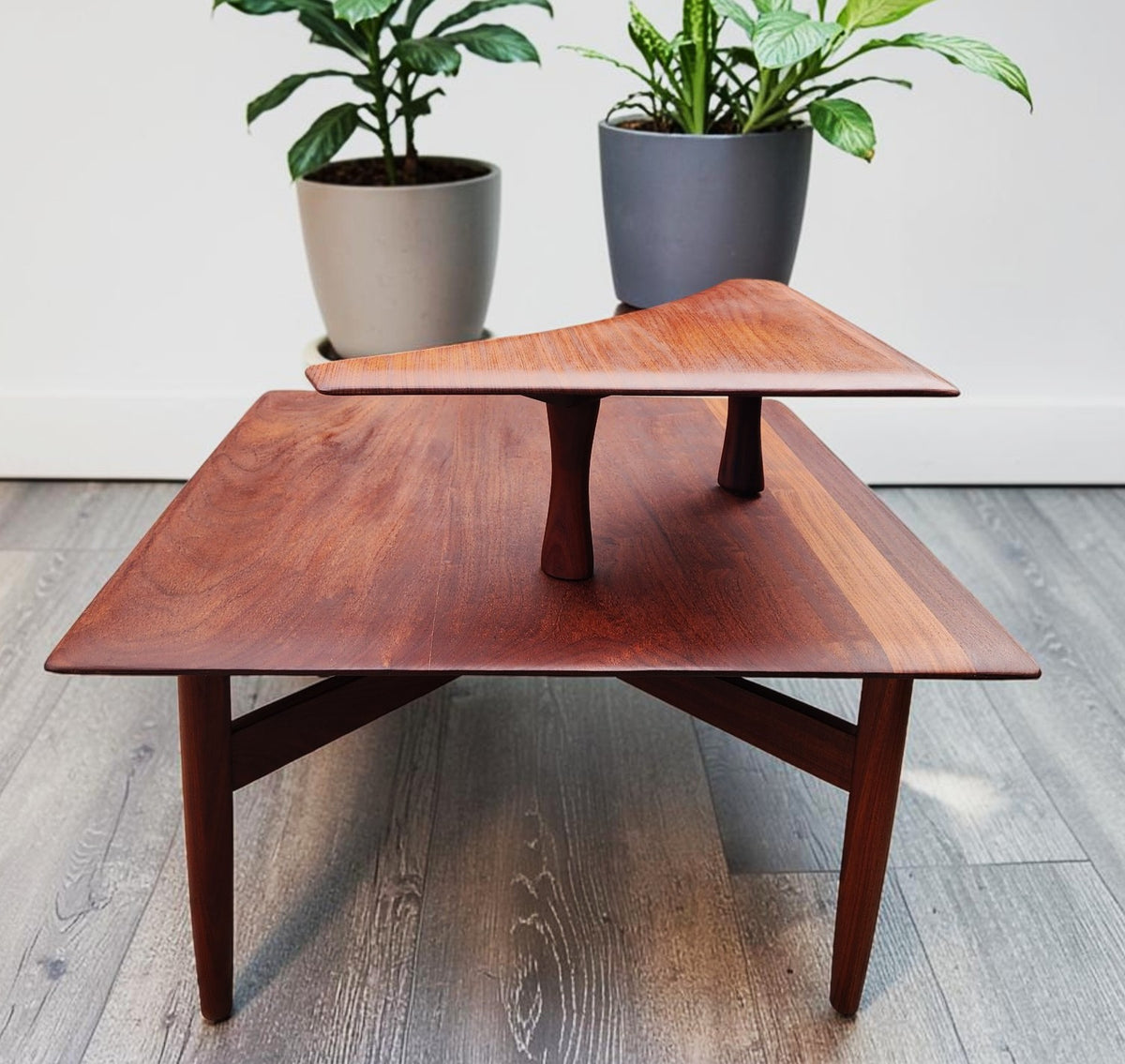 REFINISHED Mid Century Modern Solid Afromosia Corner Two-Tier Table by Imperial