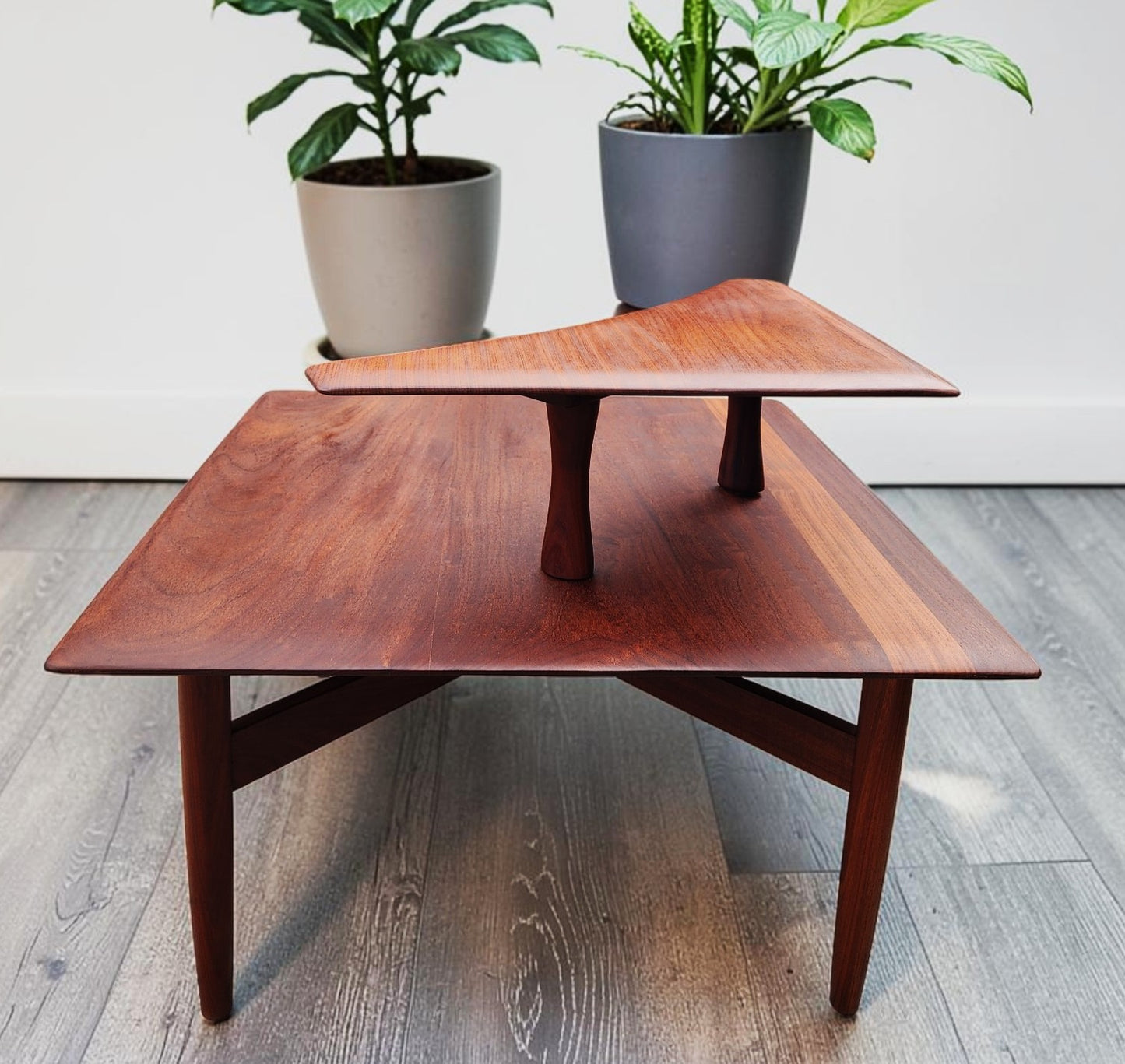 REFINISHED Mid Century Modern Solid Afromosia Corner Two-Tier Table by Imperial