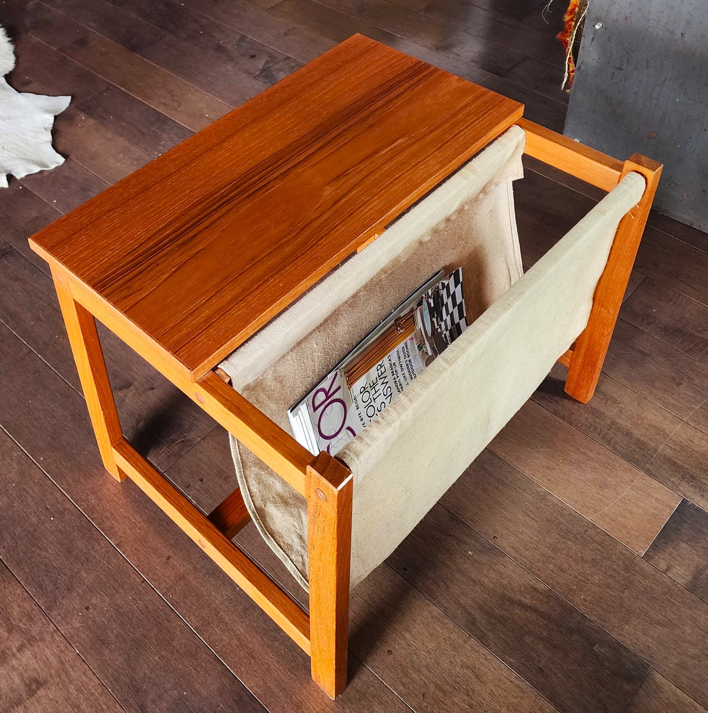 RESTORED Mid Century Modern Teak Accent Table with Magazine Holder