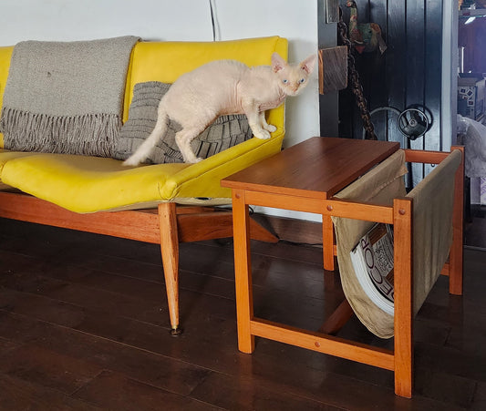 RESTORED Mid Century Modern Teak Accent Table with Magazine Holder