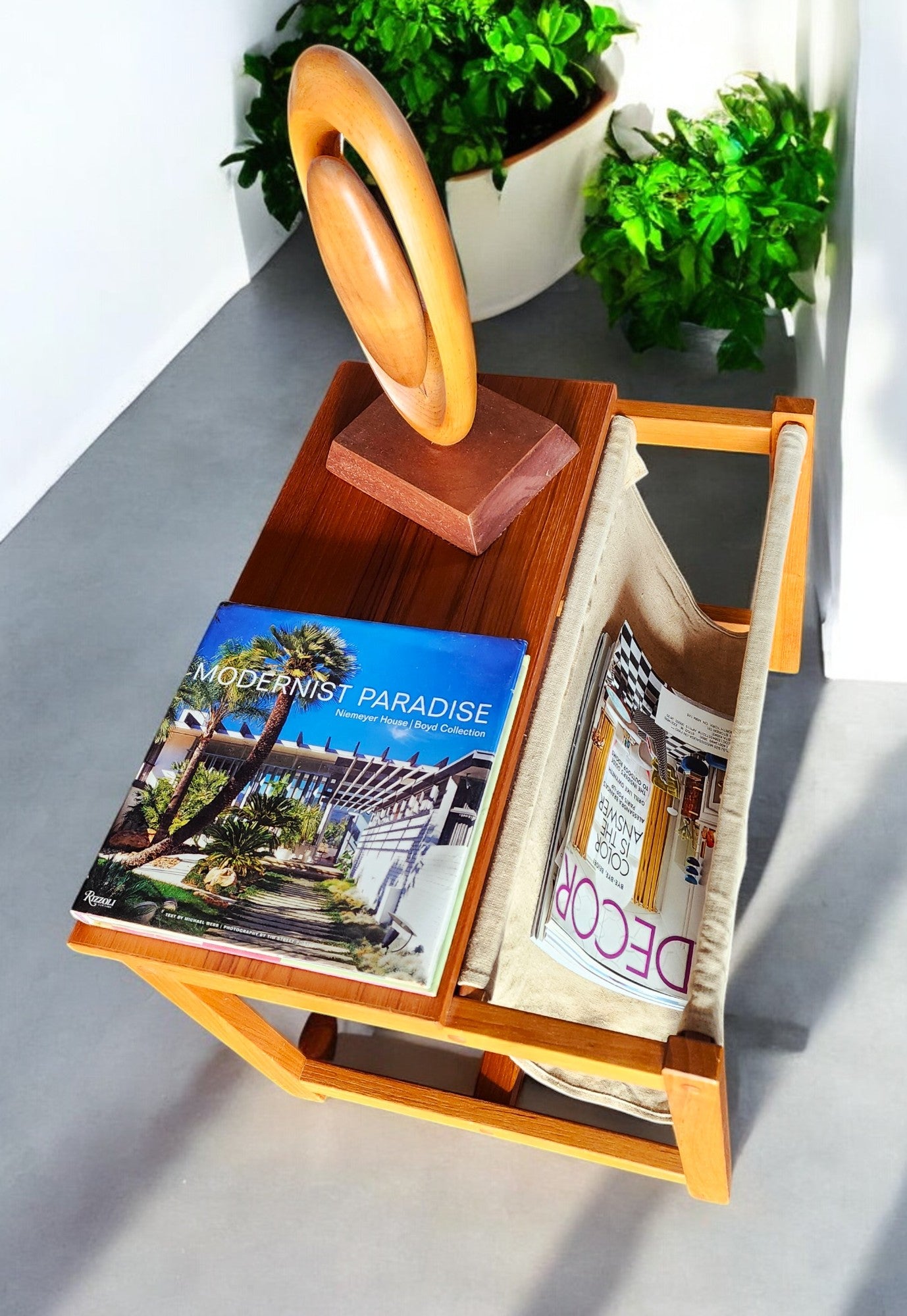 RESTORED Mid Century Modern Teak Accent Table with Magazine Holder