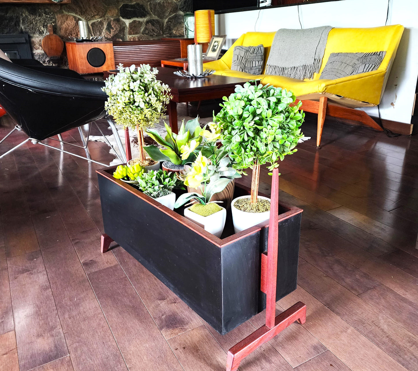 Mid Century Modern Teak & Black Planter Indoor