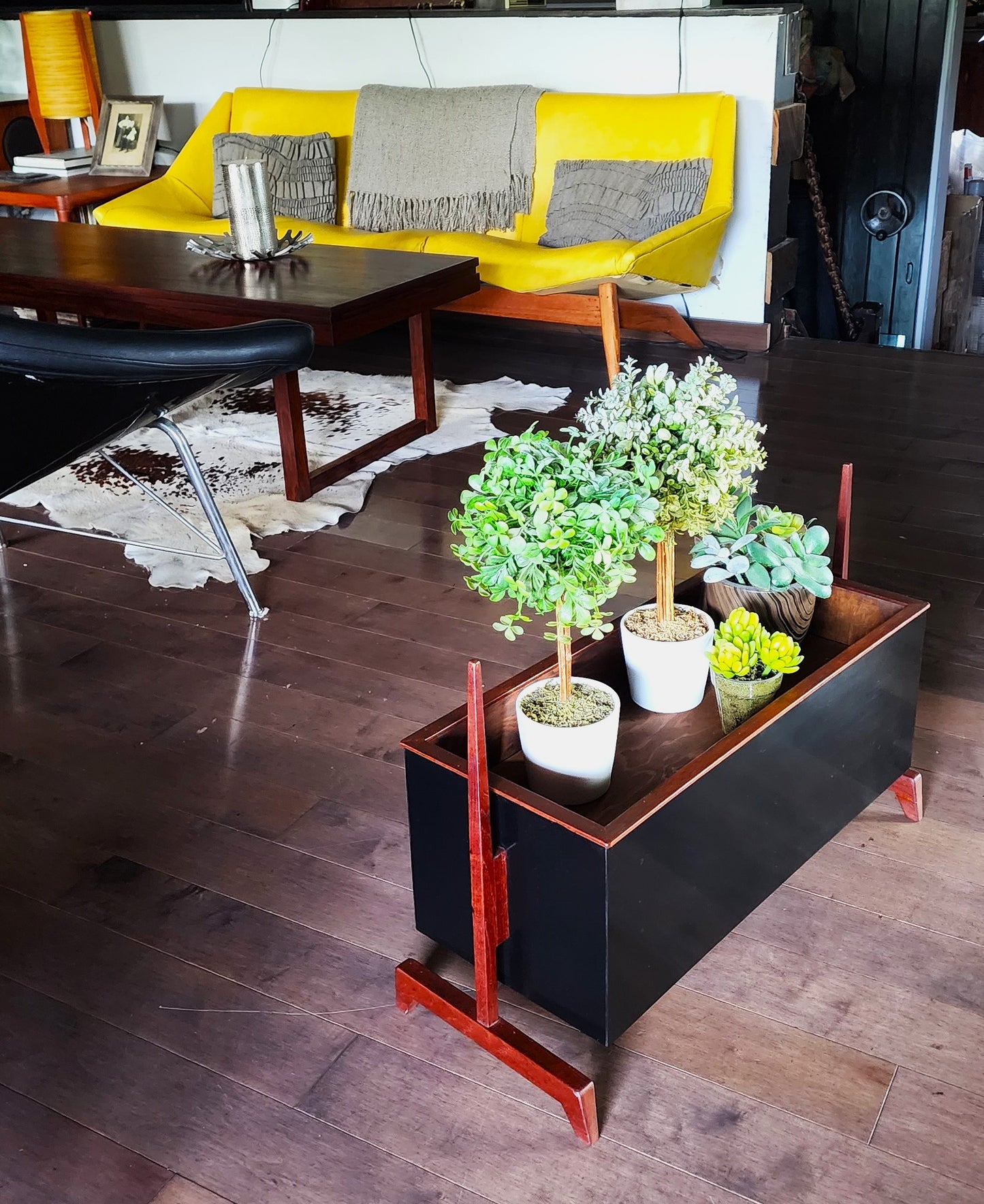 Mid Century Modern Teak & Black Planter Indoor